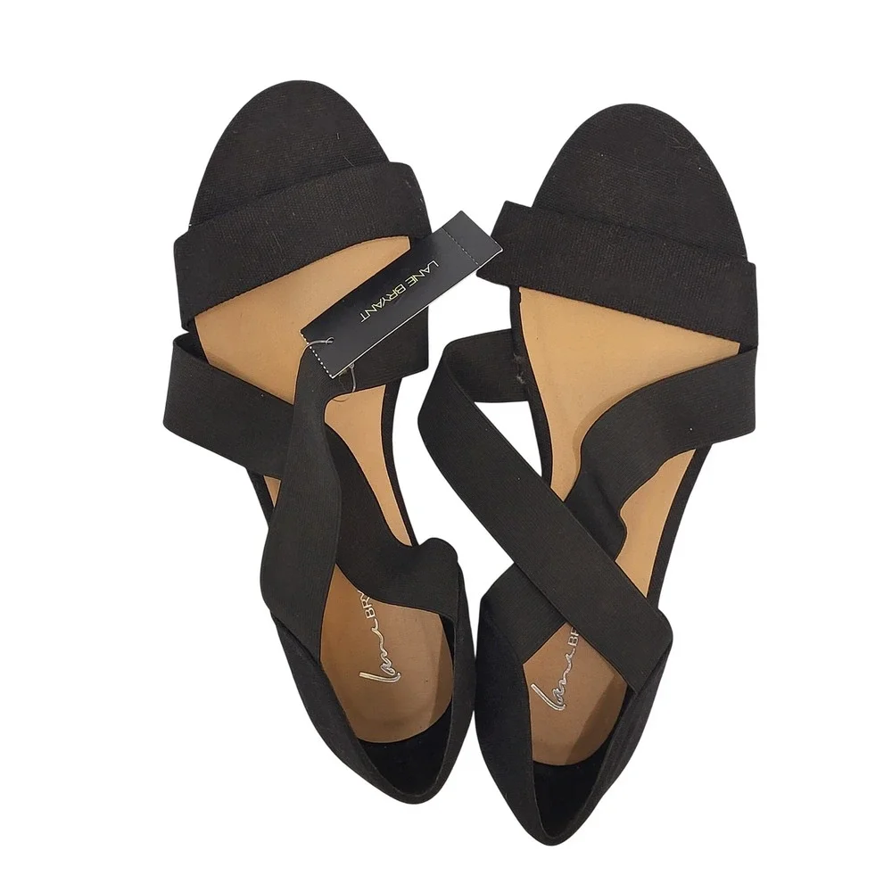 Lane Bryant Black Elastic Strap Espadrille Flat Sandals Wide Width 10W New